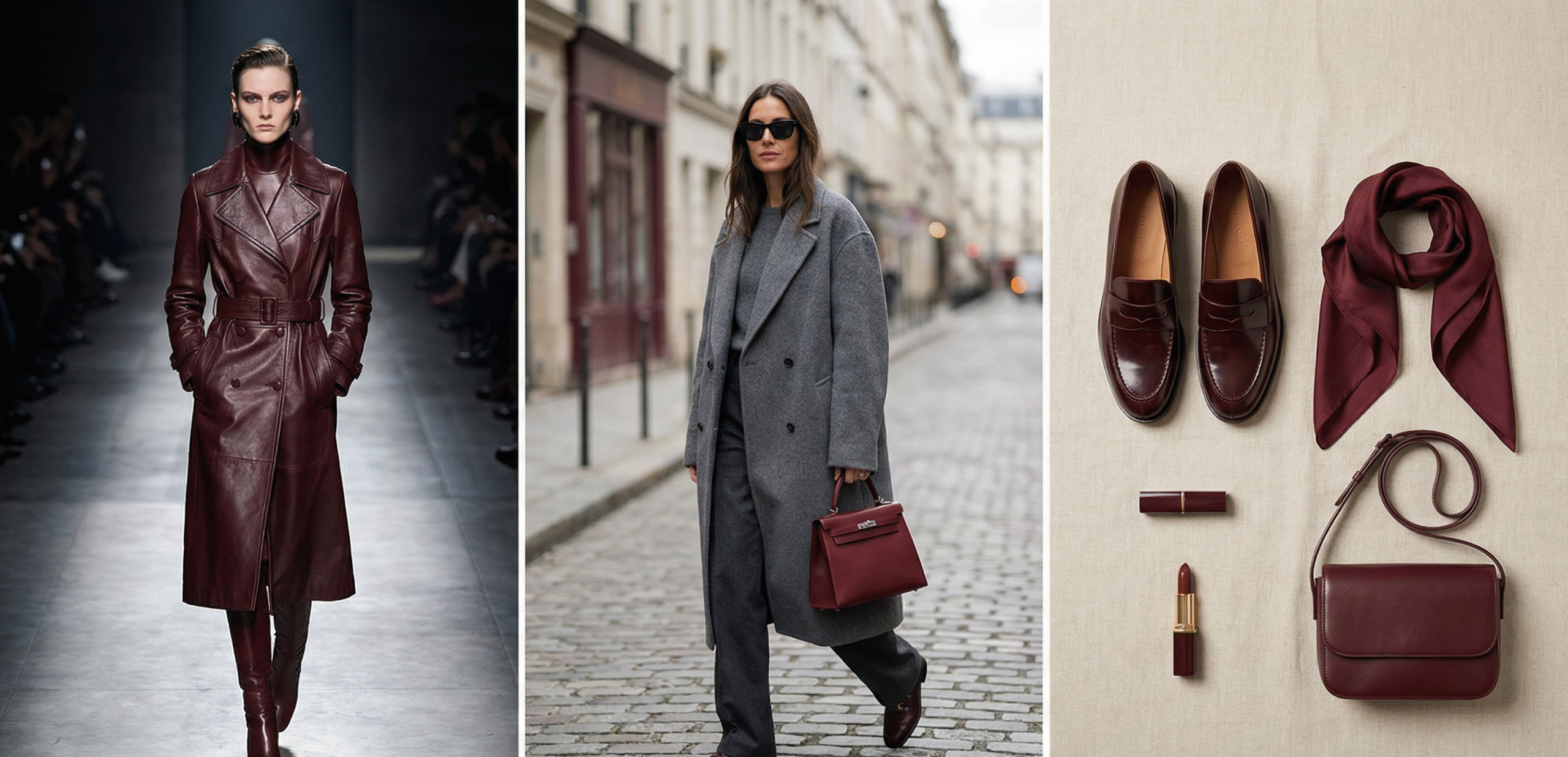 Fashion Trends 2025 collage showing a burgundy leather trench coat on the runway, a street-style outfit with a gray coat and burgundy handbag, and coordinated burgundy accessories including shoes, scarf, and crossbody bag.