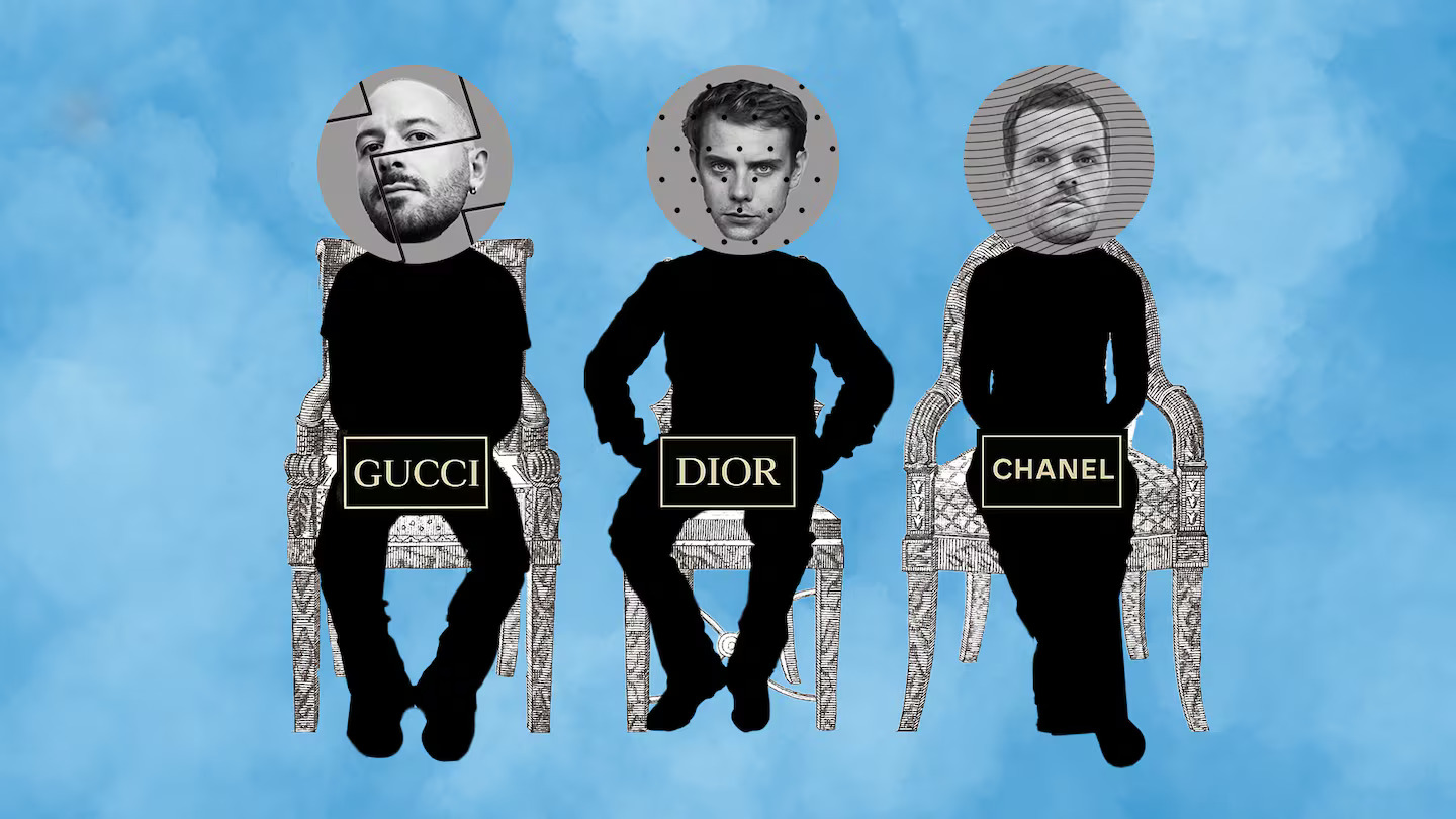 Illustration of three seated silhouettes labeled Gucci, Dior, and Chanel, each with a stylized artistic face representing different fashion designers against a blue background.