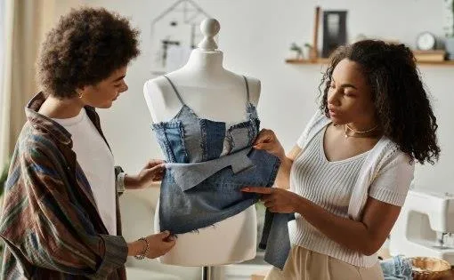 Two fashion designers working together on a denim top displayed on a mannequin in a creative studio.