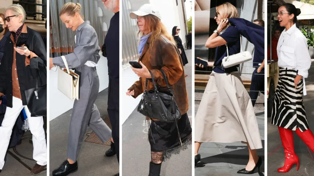 Fashion Trends 2026. Street style fashion 2026 featuring minimalist outfits, neutral tones, wide-leg trousers, midi skirts, structured handbags, and trendy footwear worn by women in an urban setting.